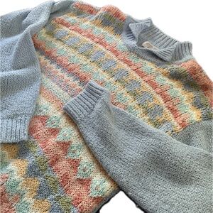 Vintage 80s 90s Petites Pastel Knit Patterned Colorful Sweater Drop Shoulder M